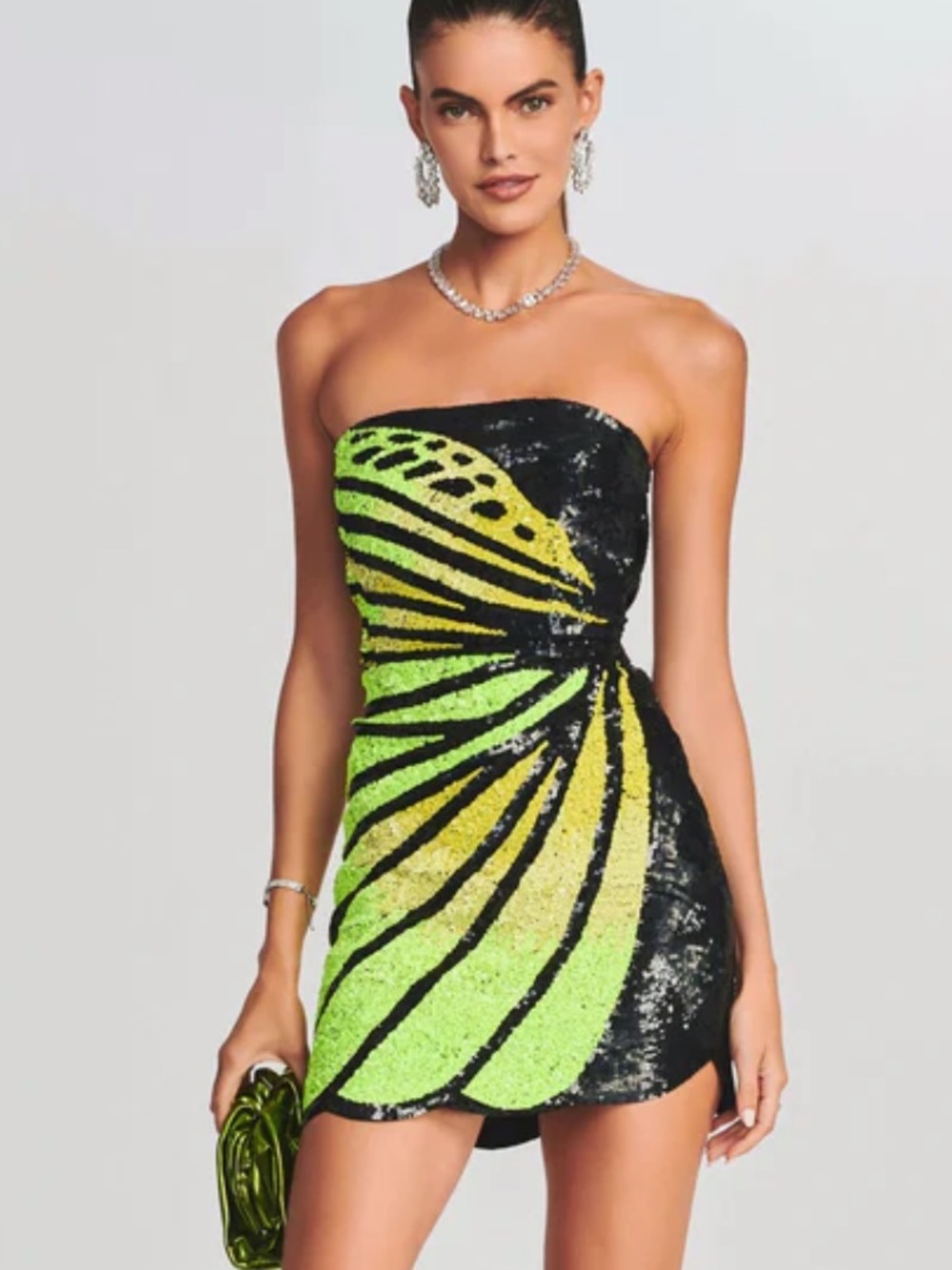 Retrofete Arabelle Sequin Dress in Black Neon Yellow
